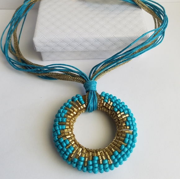 Turquoise Gold Beaded Statement Necklace Handmade NEW